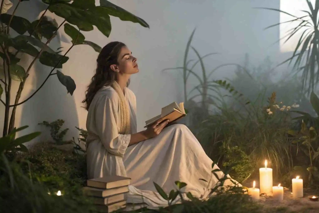 A serene woman in a white robe reading a book surrounded by plants and candlelight in a peaceful, misty setting.