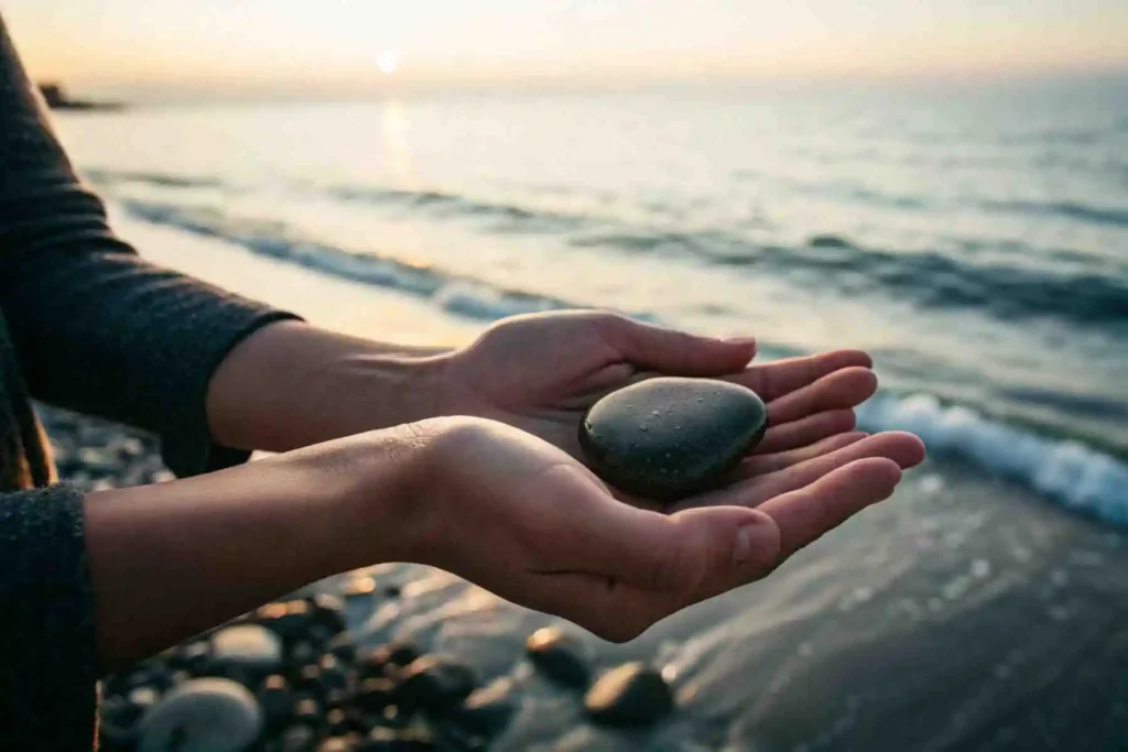 Hands holding a smooth stone by the ocean, representing the practice of emotional waves journaling to find calm and process feelings with gentleness.