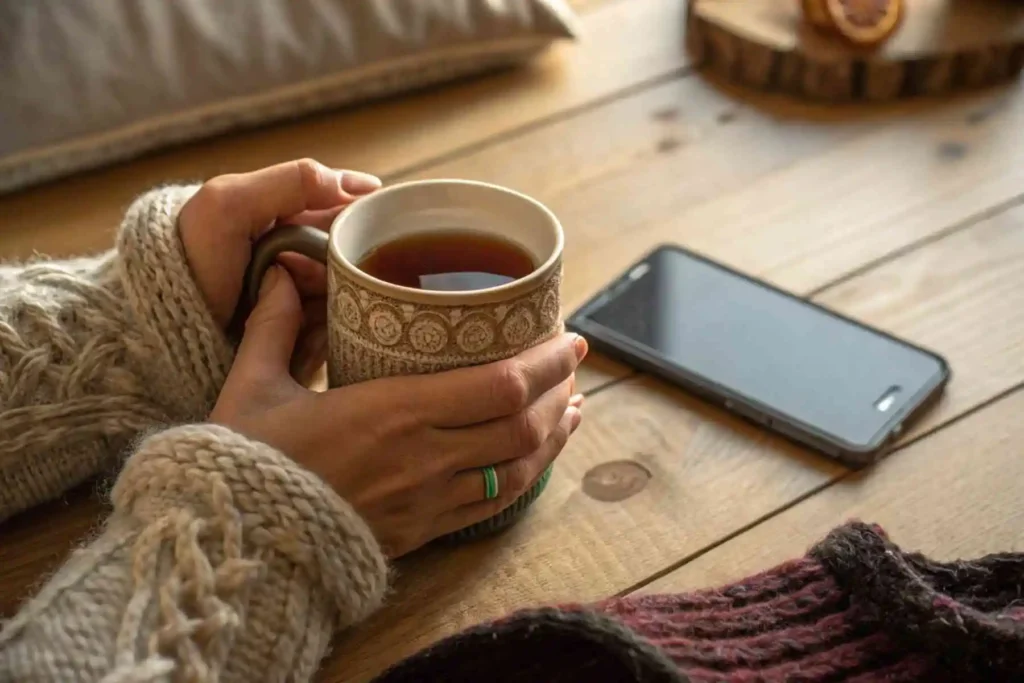 Hands holding a warm mug, with a phone unused in the background. A visual representation of choosing calm and practicing mindful scrolling.