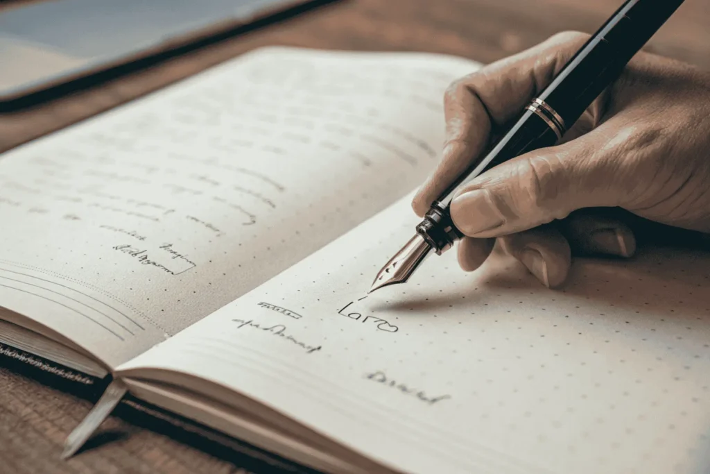 A close-up view of a pen moving fluidly across a page in a manifestation journal, representing a stream of consciousness writing practice.