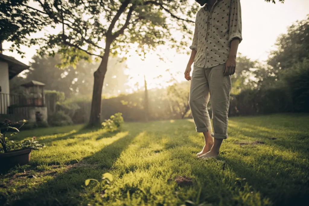 Barefoot grounding on lush green grass to support nervous system regulation and somatic healing