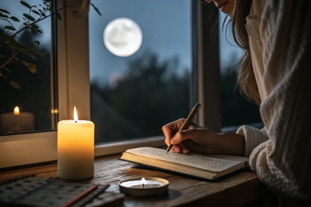 A woman's hands writing in her manifestation journal by candlelight, with the soft glow of the full moon visible in the background.