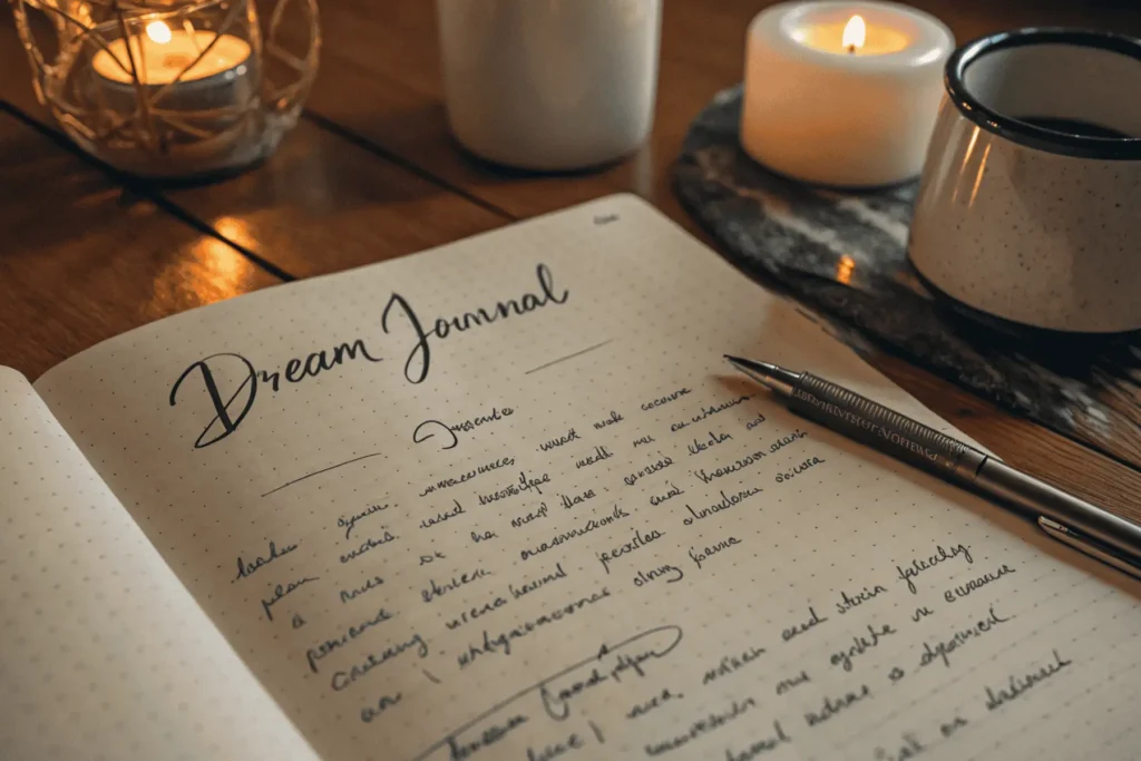 Handwritten dream journal page under warm light, evoking calm and mindfulness in dream journaling ritual.