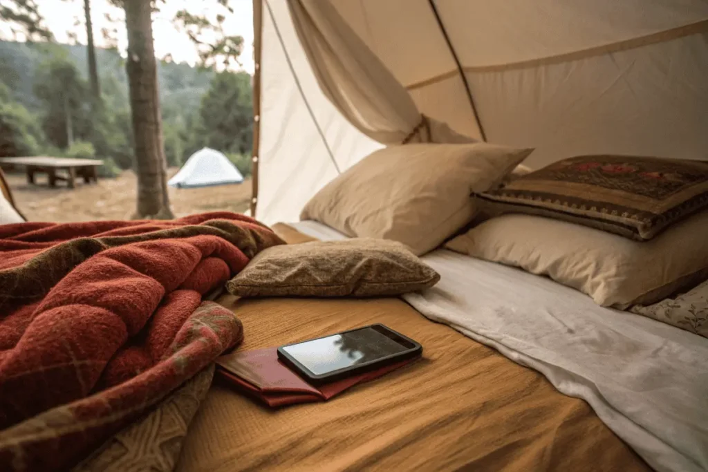 A restful digital sanctuary bedroom with soft pillows, warm blankets, and a phone with the screen off, promoting digital detox.