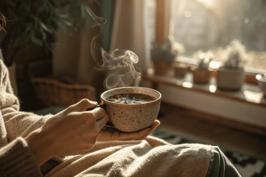 Hands holding a warm cup of tea in the sun, symbolizing a calm, grounding moment for a Sun Exposure Journaling ritual.