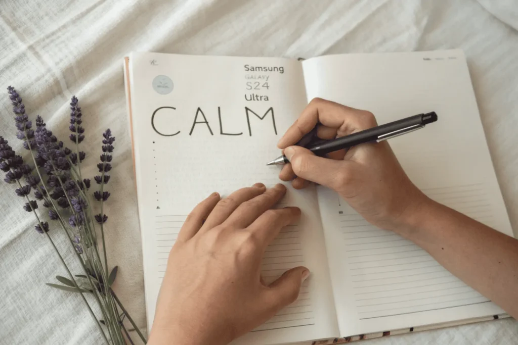 A close-up of hands writing a one-word intention in a Slow Living Daily Planner, a core ritual for setting a calm and focused tone for the day.