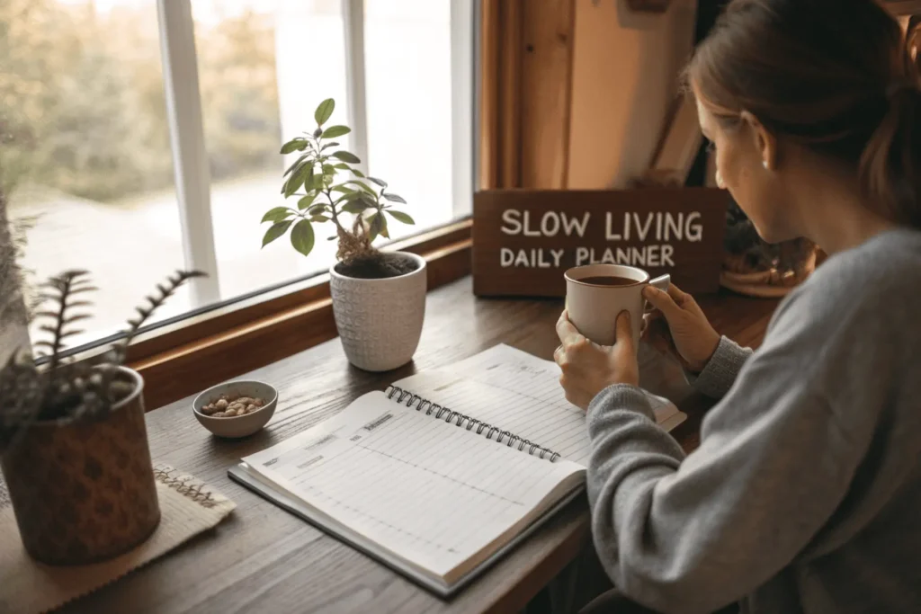 A person enjoying a midday pause, a key practice in a Slow Living Daily Planner to reset the nervous system and create spaciousness in the day.