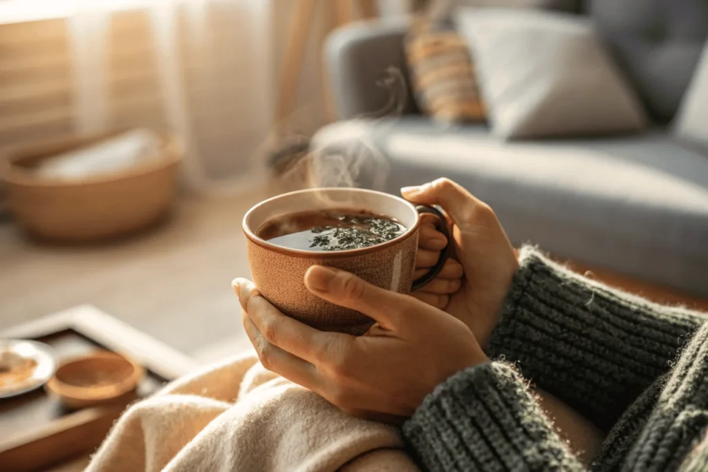 Hands holding a warm mug of tea, a sensory anchor ritual for practicing Narrative Rest and finding a moment of quiet presence and mental rest.