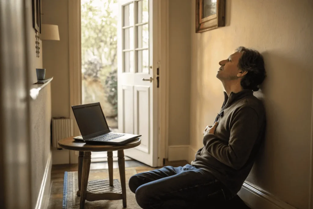 Person pausing with hand on chest and belly to practice Soft Resistance Rituals using a three‑breath reset before returning to work.