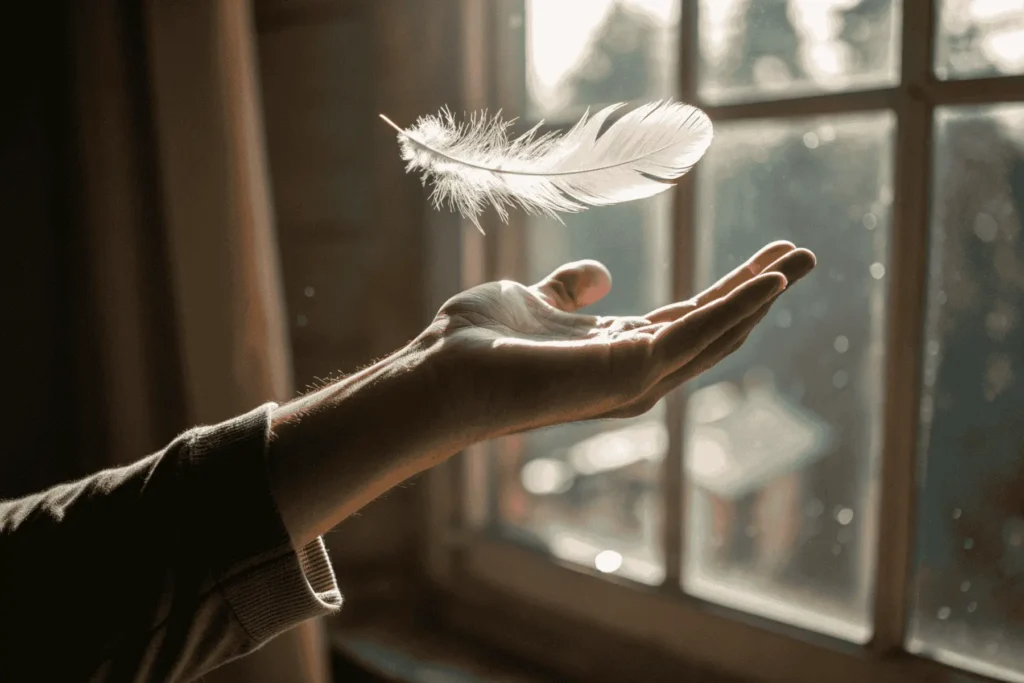 A hand releasing a white feather into the light, a gentle metaphor for letting go and finding spiritual growth through a simple ritual of release.