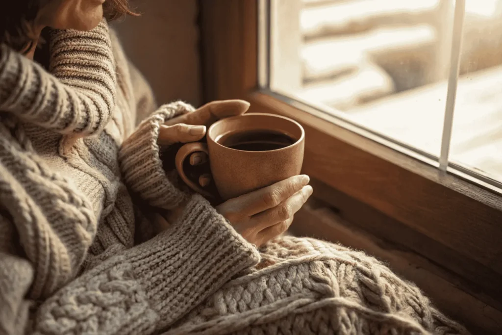 A person holding a teacup with a hand on their heart, a ritual to gently access the power of the subconscious mind.