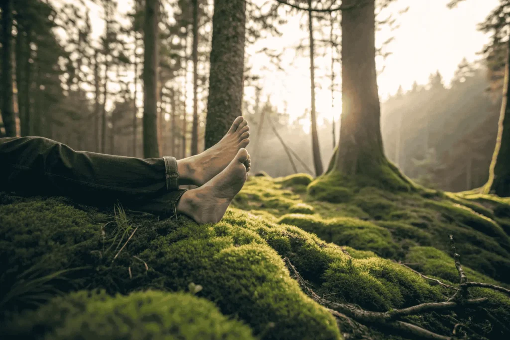 A close-up of bare feet on the earth, demonstrating grounding as a key practice for anyone learning how to heal your nervous system.