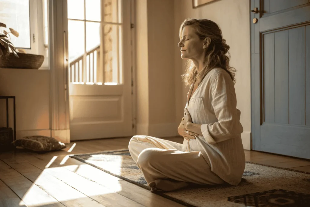 Woman practicing mindful breathing exercises in a calm, softly lit room.