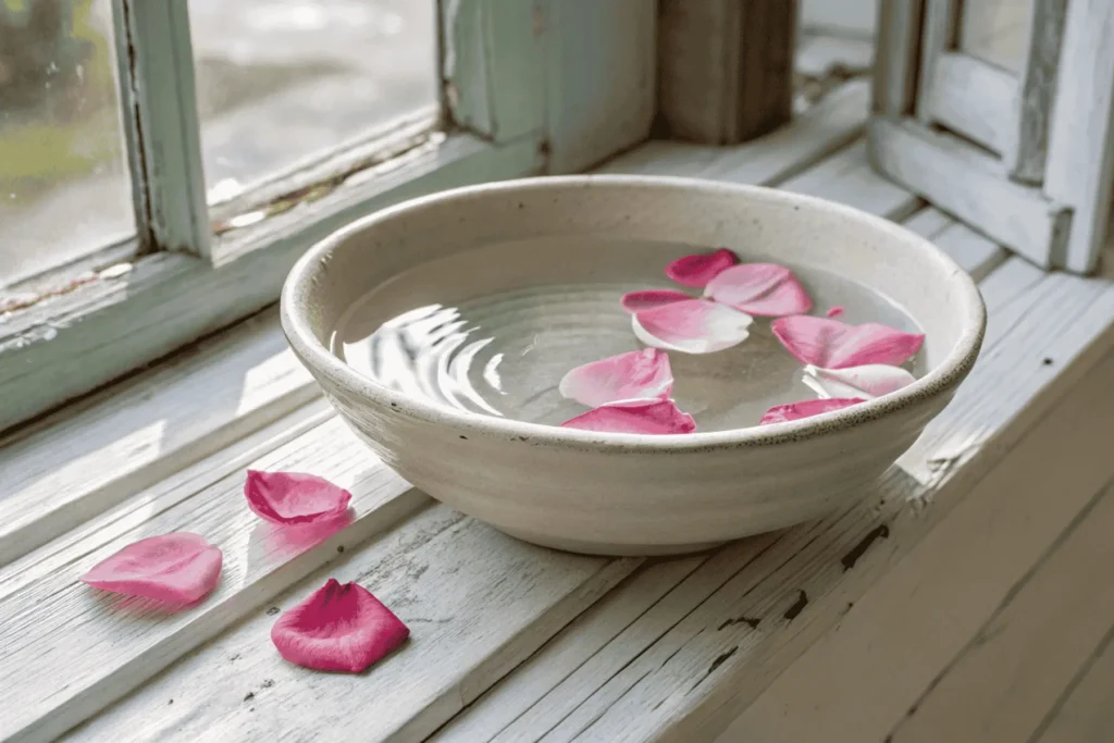 A bowl of water with petals reflecting light, a tool for exploring the flowing, emotional landscape of one's inner feminine energy.