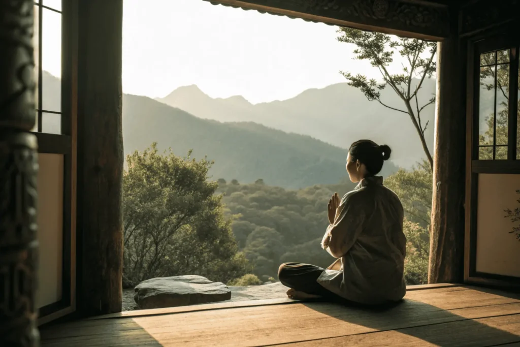 A calm person creating a sanctuary in their palm, practicing a somatic daily affirmation for peace and grounding.