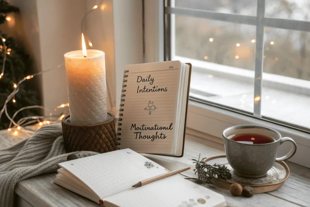 Quiet workspace with open journal, lit candle, and tea near window light, evoking peaceful mindful morning routine.