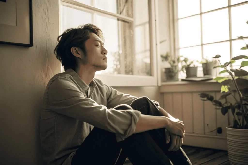 A man practicing mindful meditation in soft natural light fostering calm and emotional strength