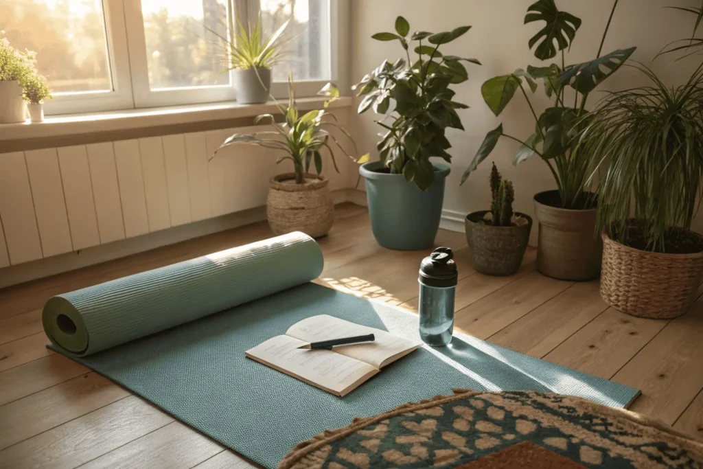 Tranquil morning routine for success setup: yoga mat, journal, and water in a sunlit living room with calming plants.