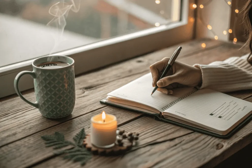 A woman's hand writing in a journal next to a cup of tea, creating a sanctuary for thoughts to support a positive mindset.