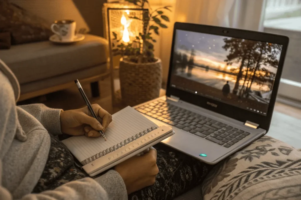 A person journaling by the soft light of a laptop screen that shows a calming mindset wallpaper, blending digital and analog wellness.