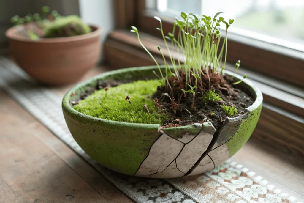 Broken ceramic vessel with new green life growing from the cracks, symbolizing destruction leading to rebirth in dark feminine energy.